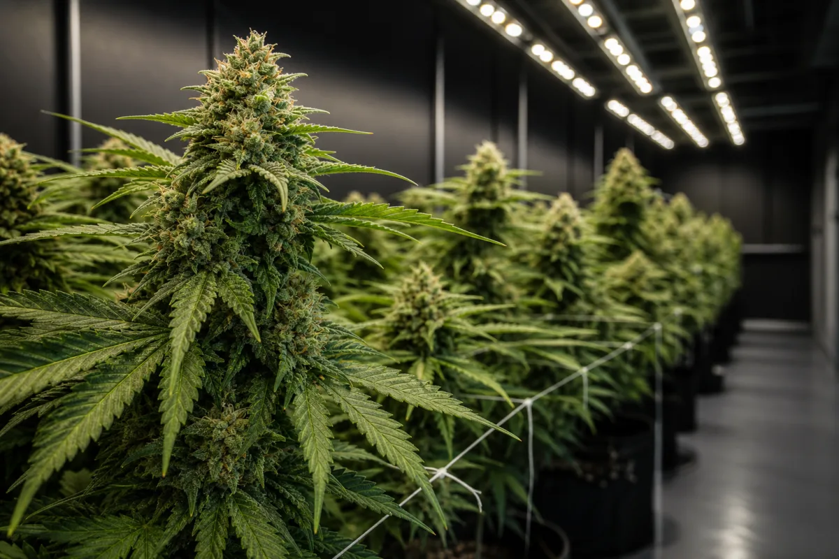 Flowering cannabis plants growing beneath indoor cultivation lights